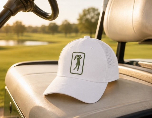 Meadow golf hat resting on a golf cart seat with the course in the background