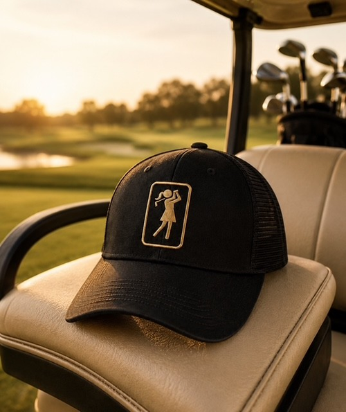 Eclipse black golf hat with gold logo resting on a golf cart seat at sunset with the course in the background