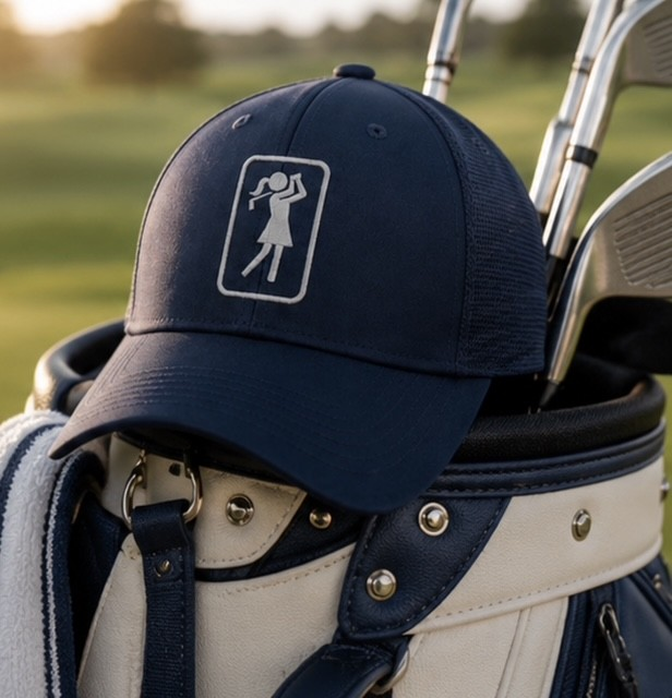 Platinum navy golf hat resting on a white golf bag with clubs at golden hour