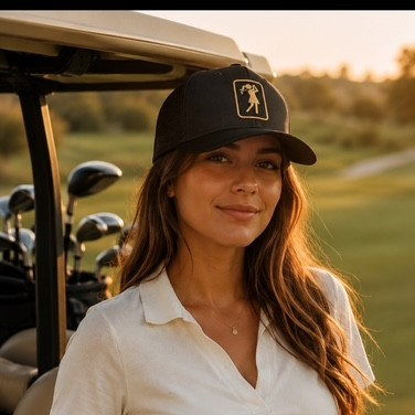 Woman standing by a golf cart wearing the Eclipse black hat with gold logo at golden hour