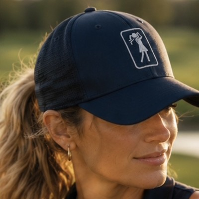 Close-up of woman wearing the Platinum navy golf hat with white logo at golden hour